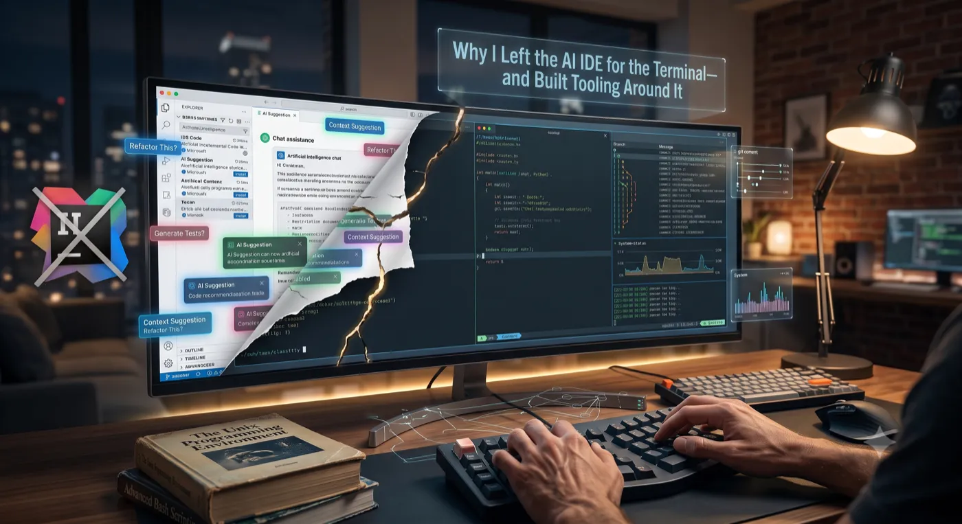 Une session terminal exécutant un agent IA aux côtés de git, du shell et de CLIs maison