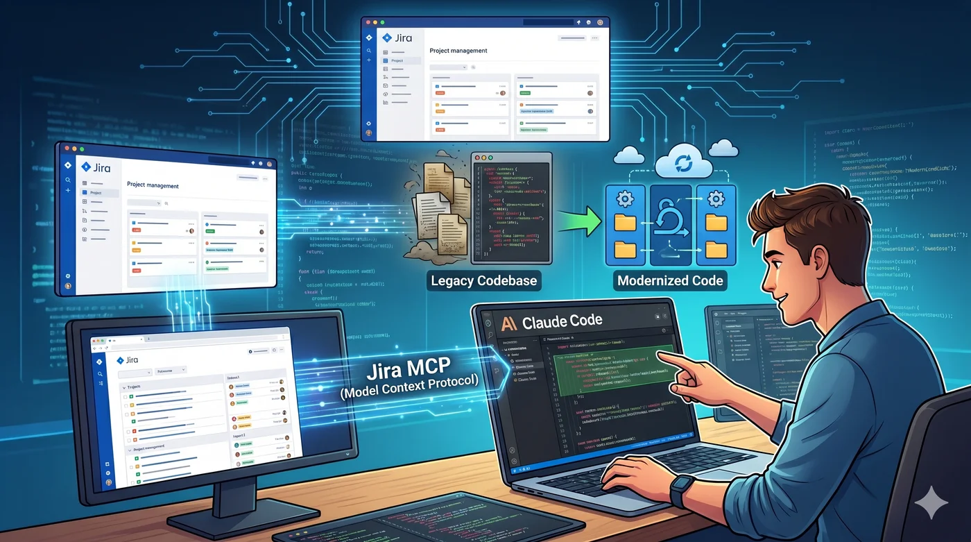 Claude Code terminal session navigating a legacy codebase with Jira MCP
