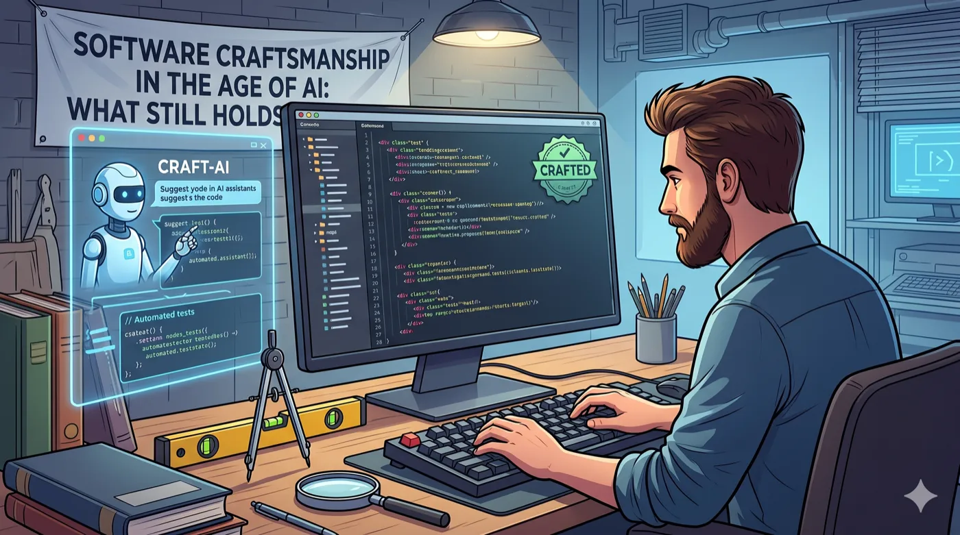 Un développeur qui relit du code à l'écran, les principes du craftsmanship à l'ère de l'IA